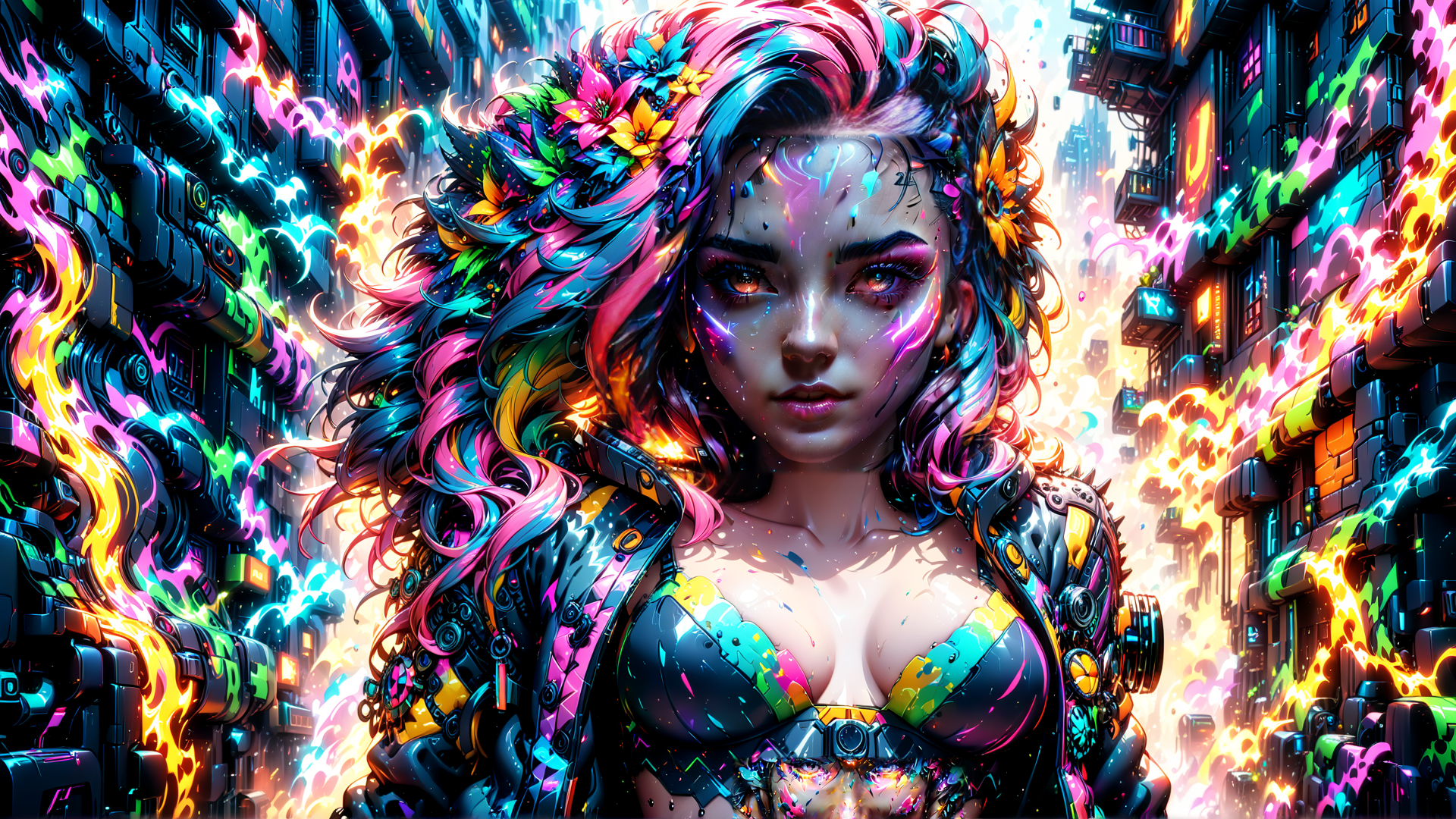 AI generated wallpaper featuring cyberpunk woman, neon cityscape