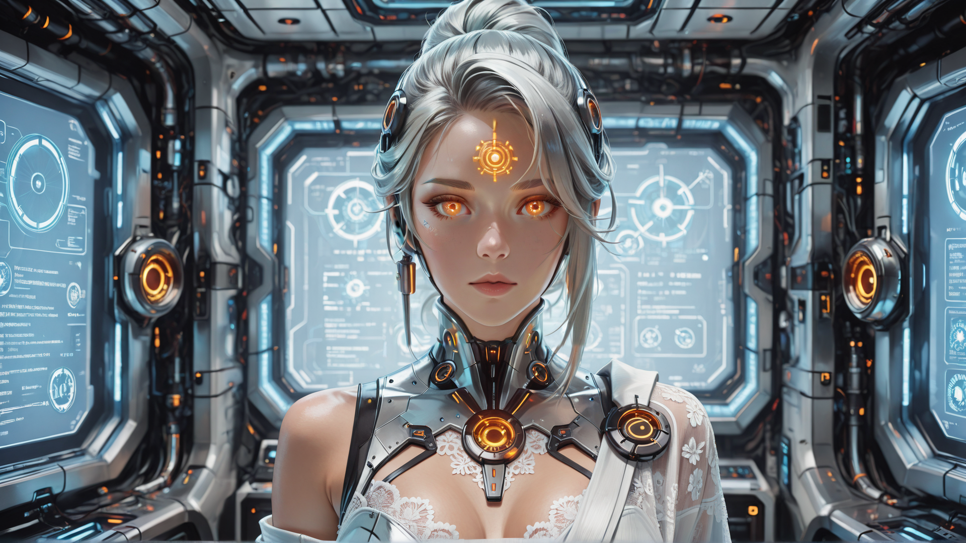 AI generated wallpaper featuring cyborg, woman, goggles, laptop, interface, hologram, screen, neon, futuristic, tech