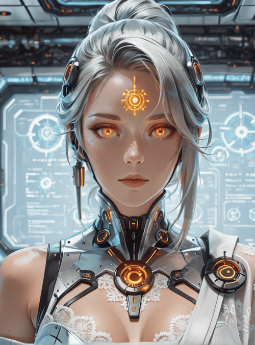 cyborg, woman, goggles, laptop, interface, hologram, screen, neon, futuristic, tech