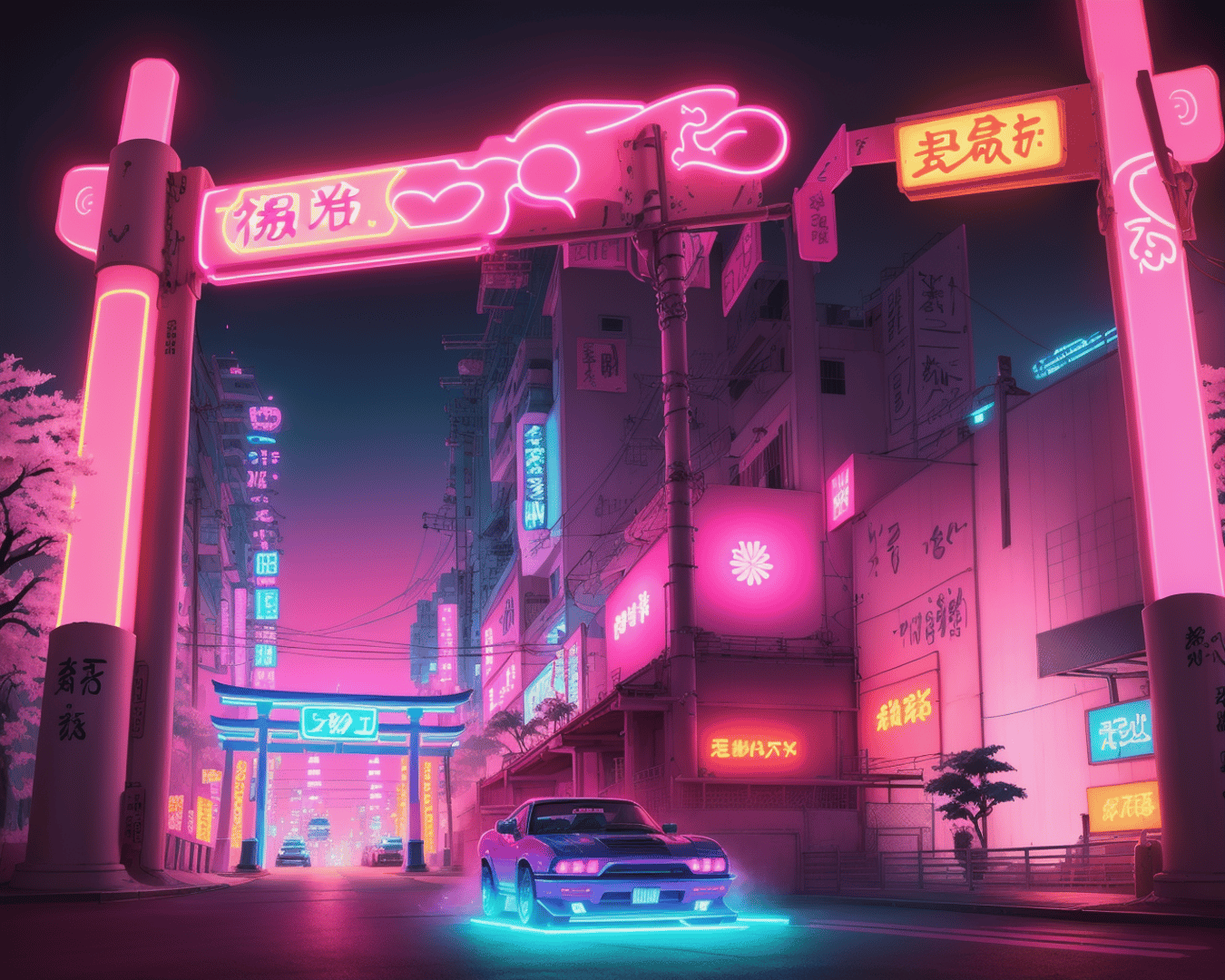 AI generated wallpaper featuring car, neon sign, street