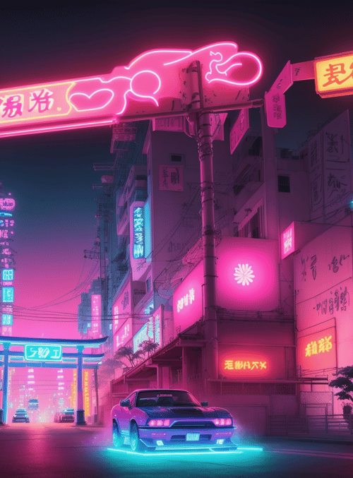 car, neon sign, street