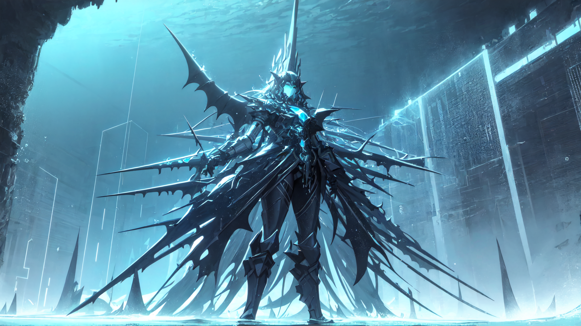 AI generated wallpaper featuring cyborg, armor, giant, spear, buildings, spikes, helmet, mask, glow, structure