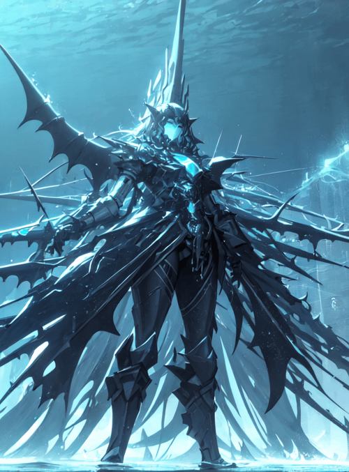 cyborg, armor, giant, spear, buildings, spikes, helmet, mask, glow, structure