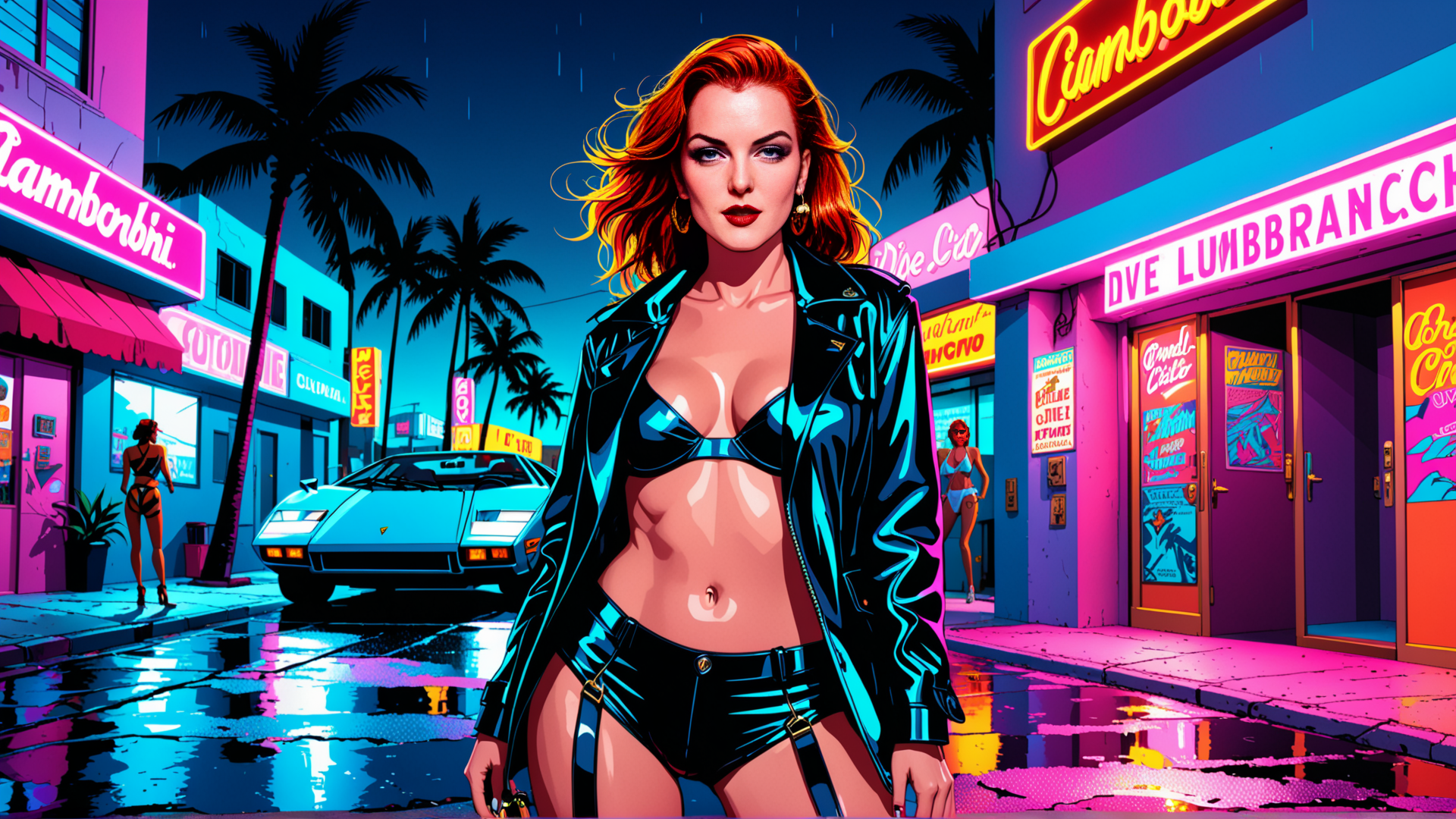 AI generated wallpaper featuring woman, bikini, car