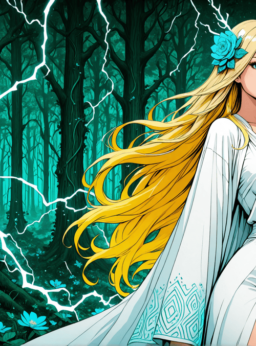 woman, forest, lightning, blue flowers, trees