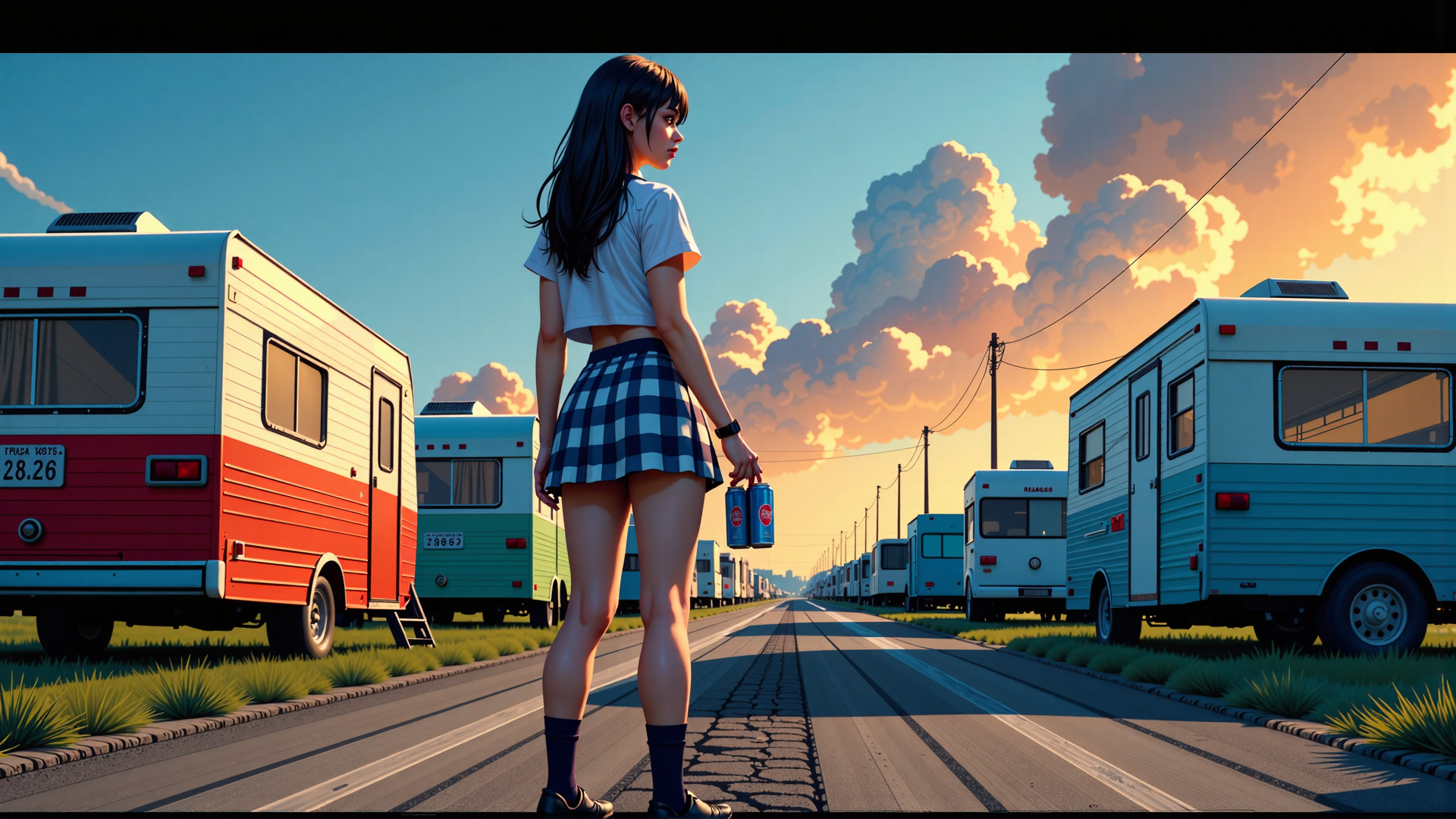 AI generated wallpaper featuring girl, camper van, road, soda can, cloud