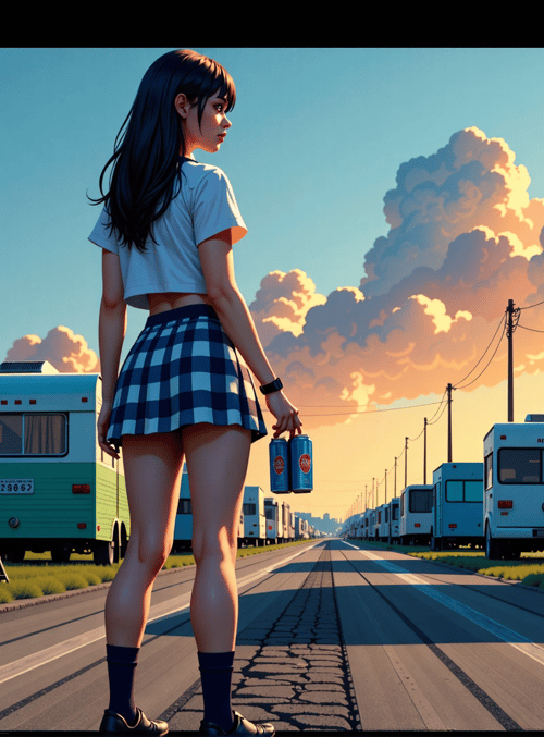 girl, camper van, road, soda can, cloud