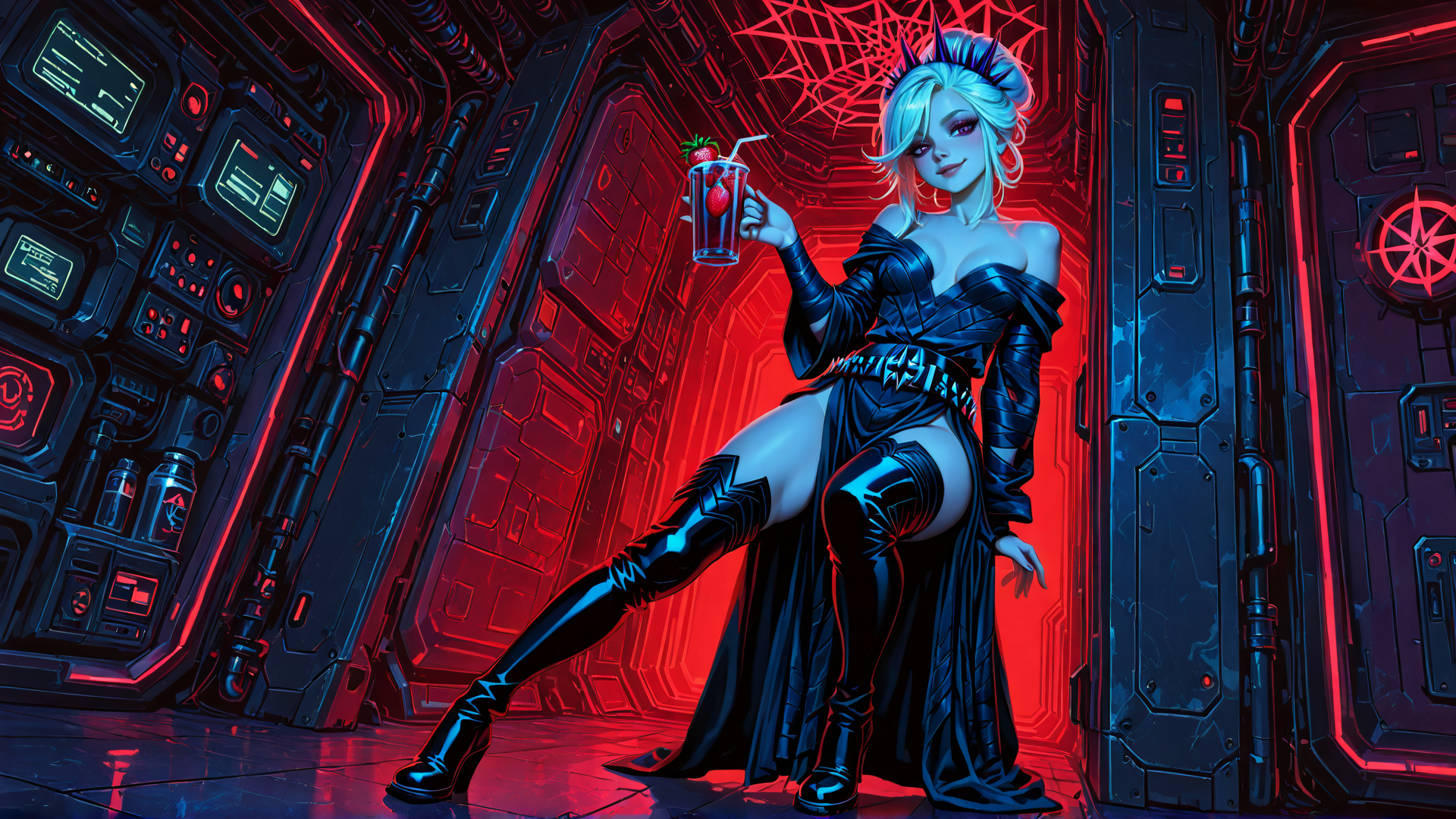 AI generated wallpaper featuring woman, cyberpunk, drinks