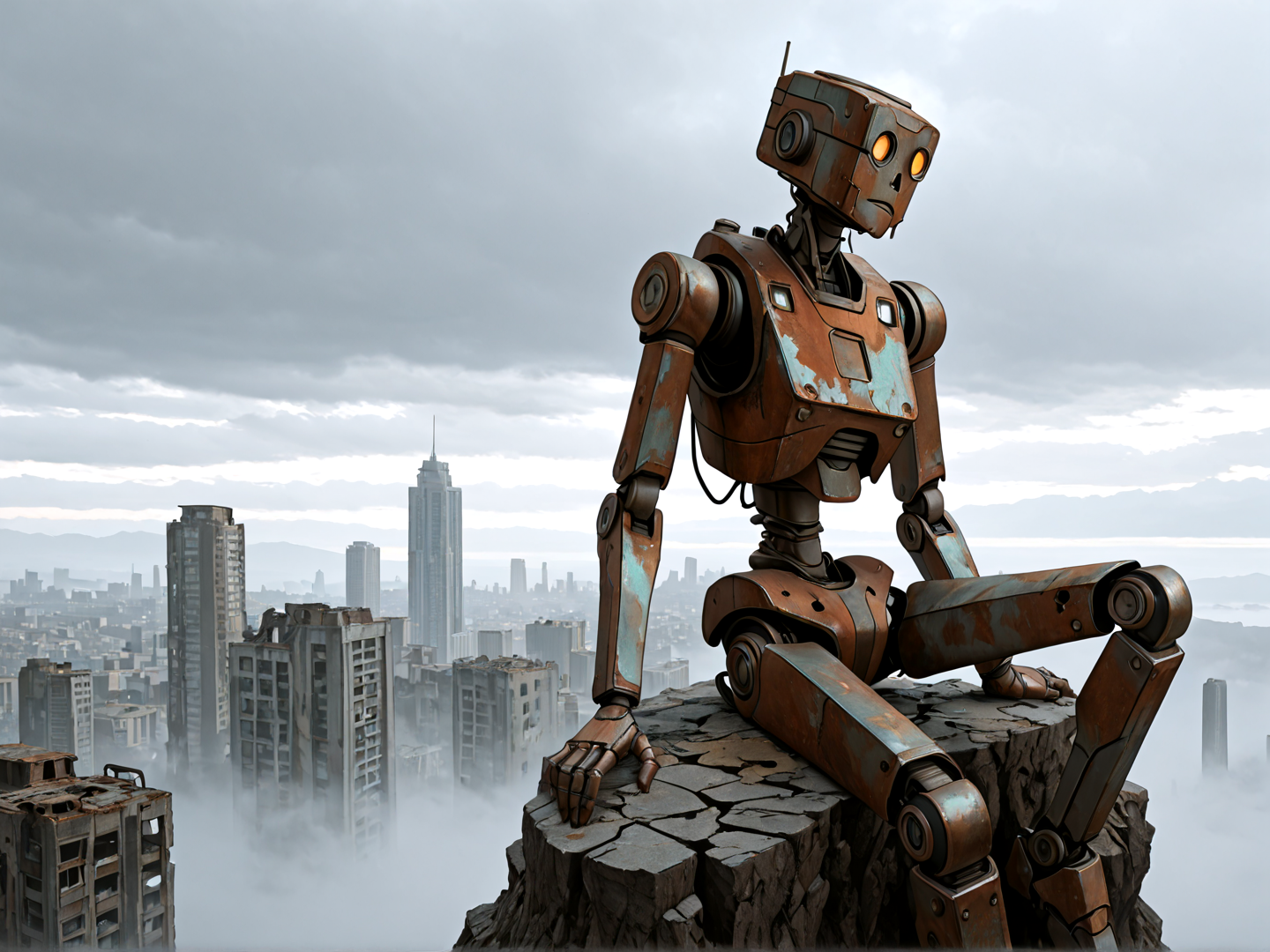 AI generated wallpaper featuring robot, cityscape, ruins, clouds