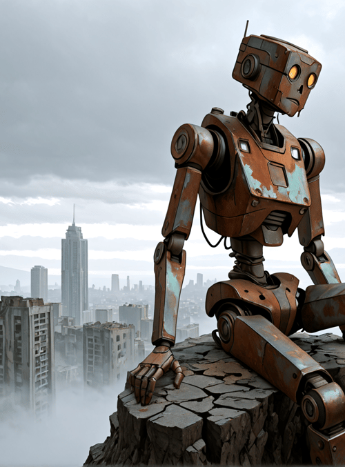 robot, cityscape, ruins, clouds