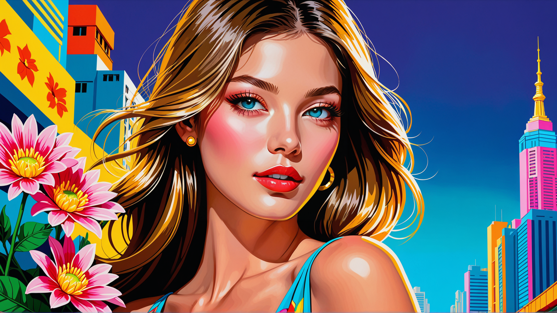 AI generated wallpaper featuring woman, flowers, cityscape, buildings