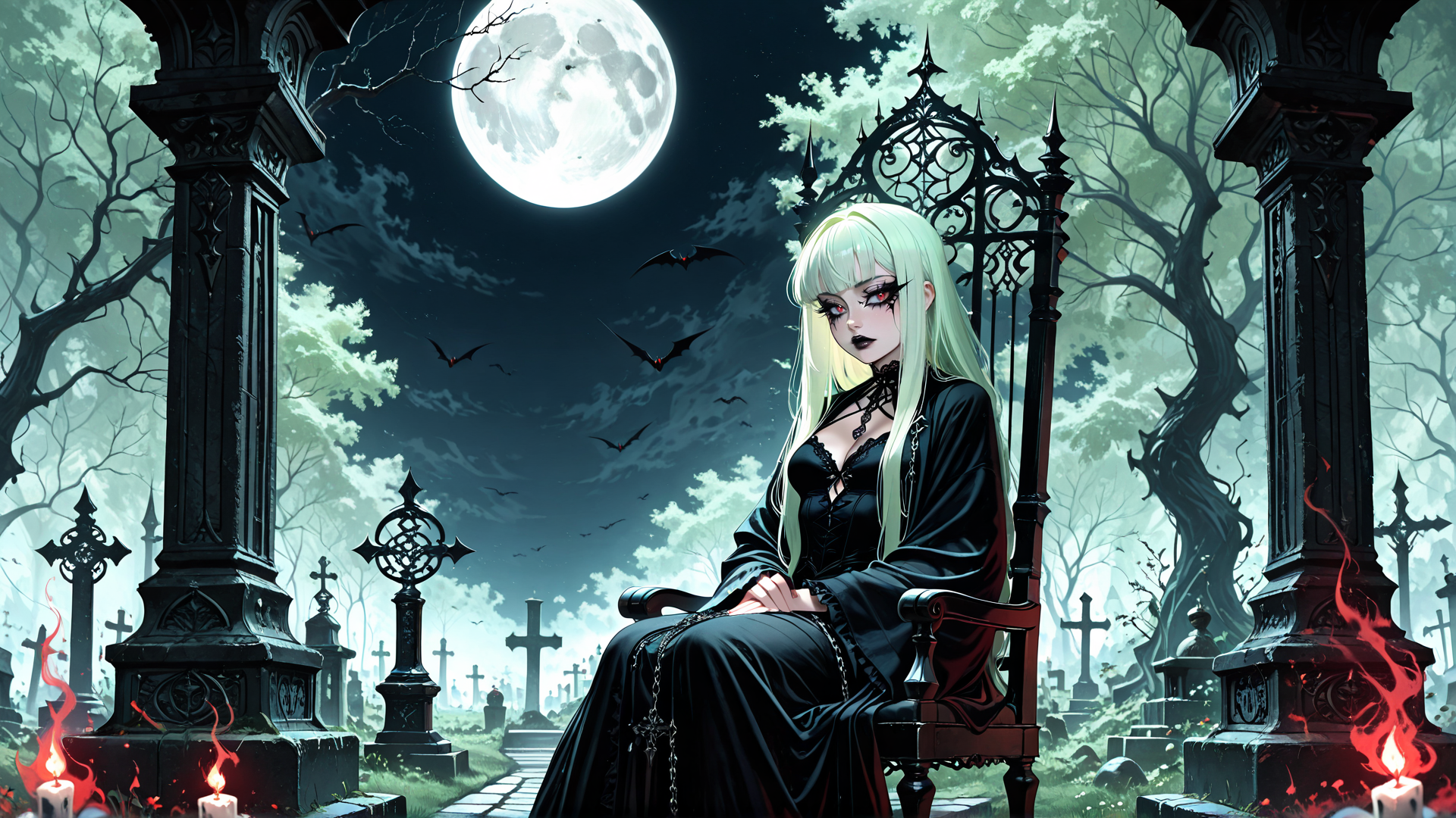 AI generated wallpaper featuring woman, bat, moon, cemetery, candle, chair, grave, tree, chain, cross