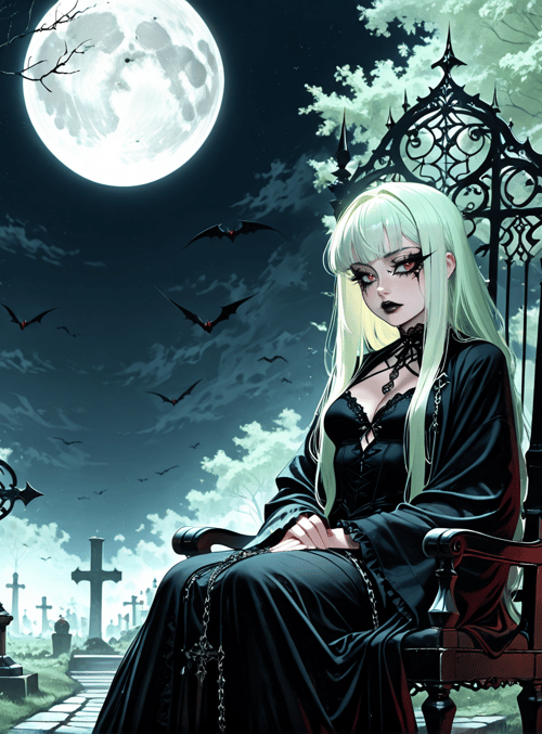 woman, bat, moon, cemetery, candle, chair, grave, tree, chain, cross