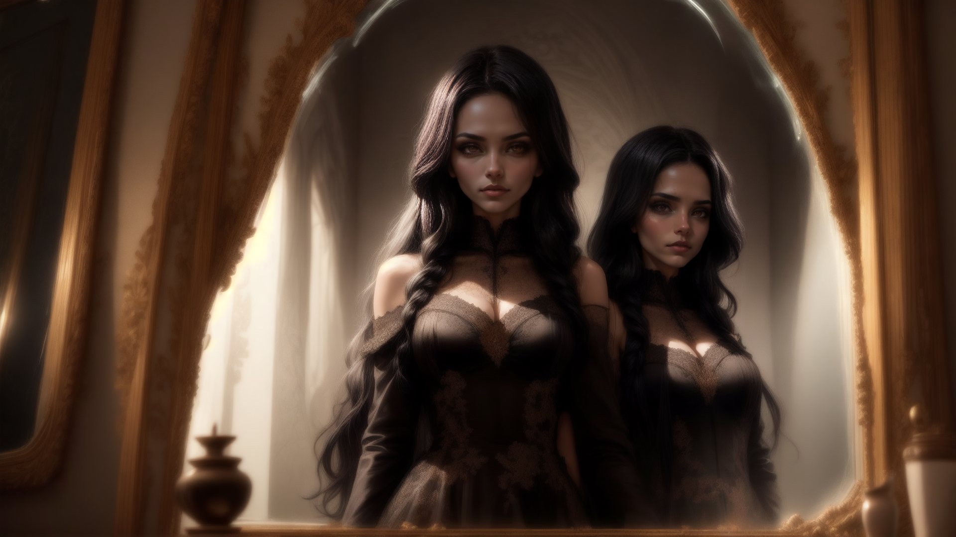 AI generated wallpaper featuring woman, mirror, reflection