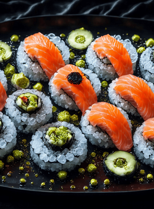 sushi, avocado, pea