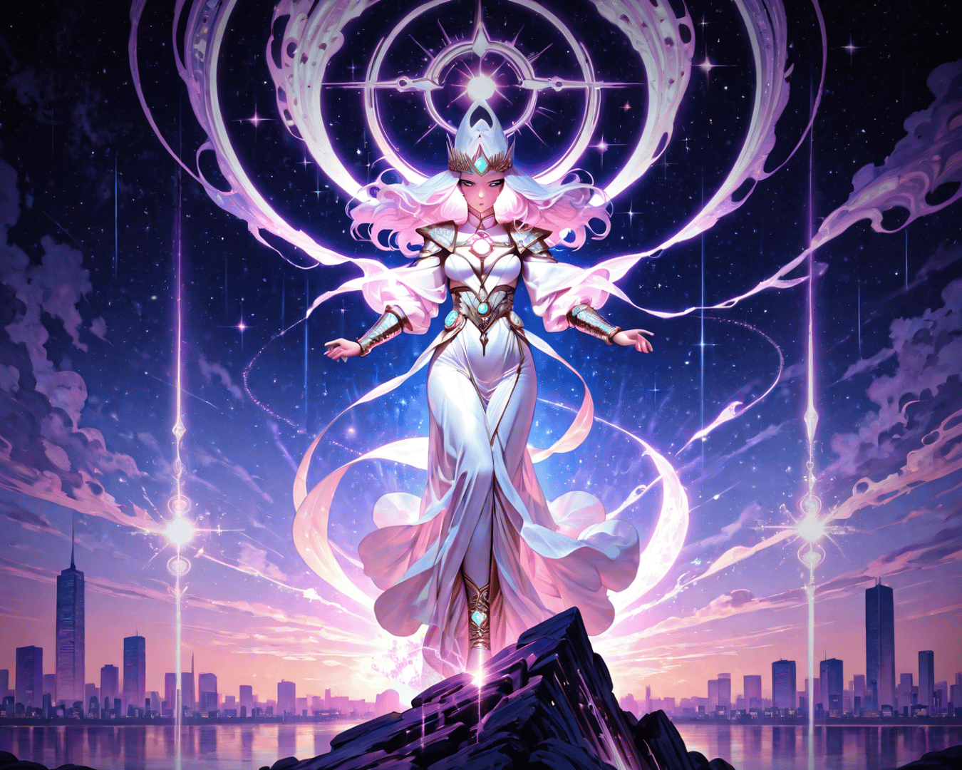AI generated wallpaper featuring queen, goddess, city