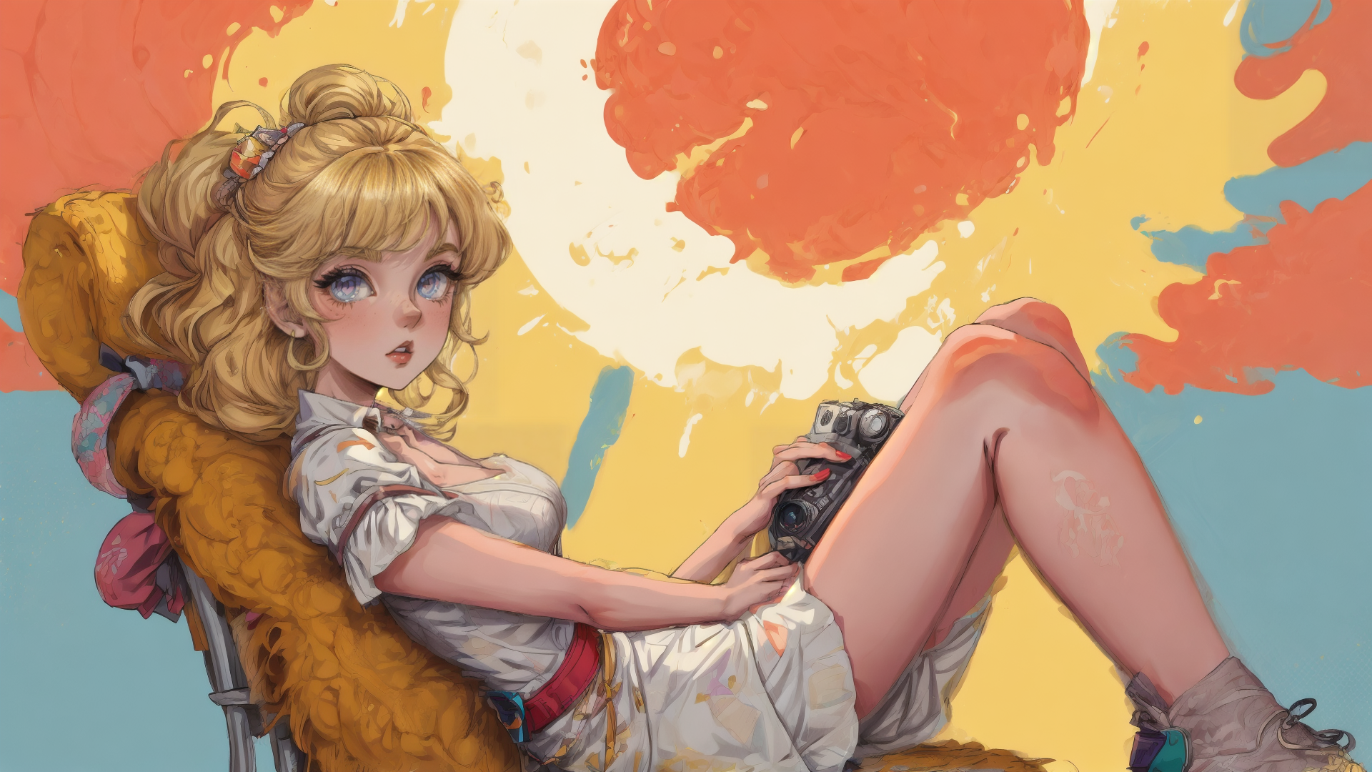 AI generated wallpaper featuring girl, camera, backpack