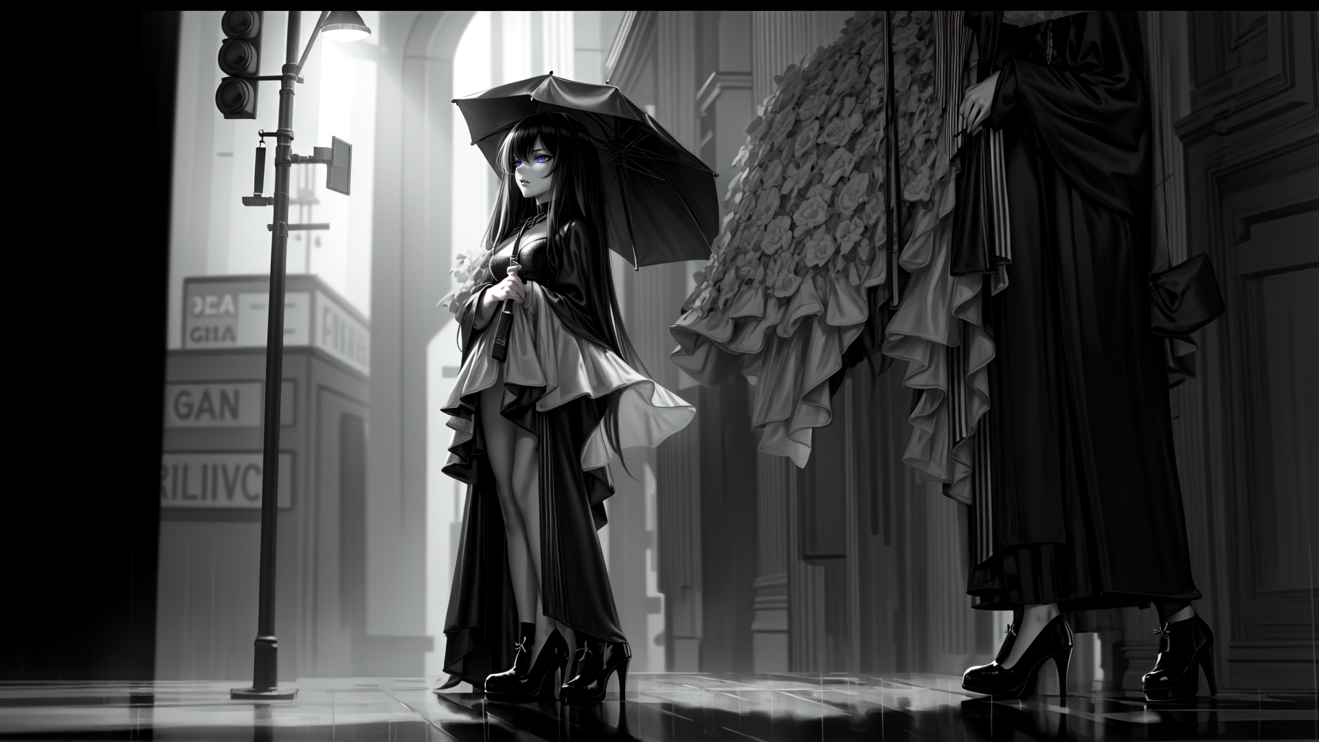 AI generated wallpaper featuring anime girl, umbrella, gown