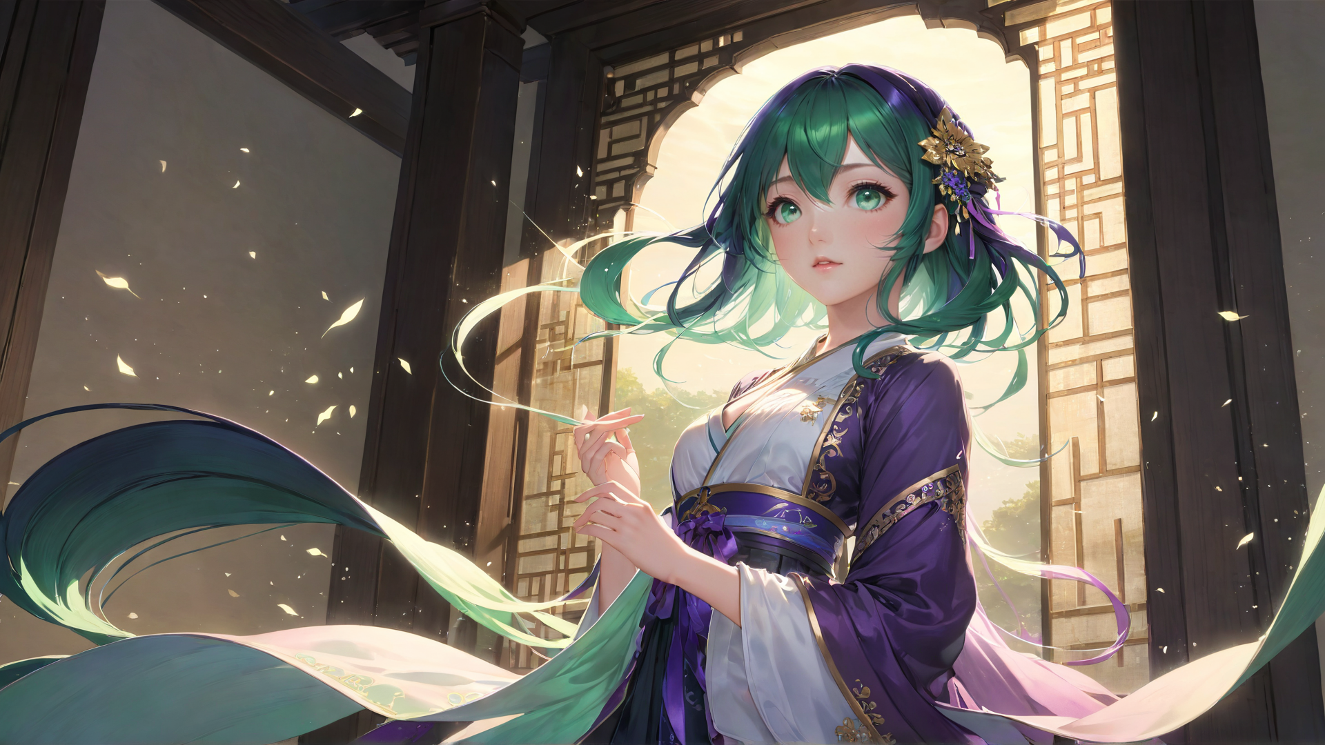 AI generated wallpaper featuring woman, girl, hair, robe, ribbon, leaves, window, dress, silk, garden