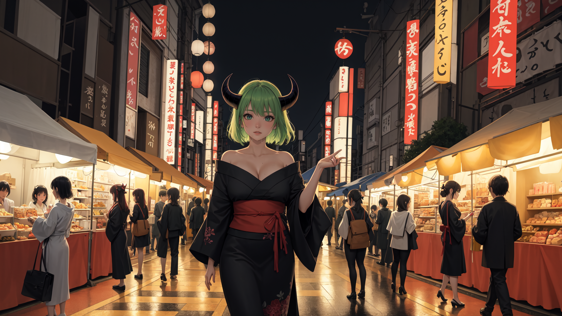 AI generated wallpaper featuring woman, bull horns, kimono, street, market, signs, lanterns, people, food stalls, banners