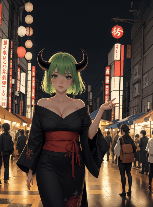woman, bull horns, kimono, street, market, signs, lanterns, people, food stalls, banners