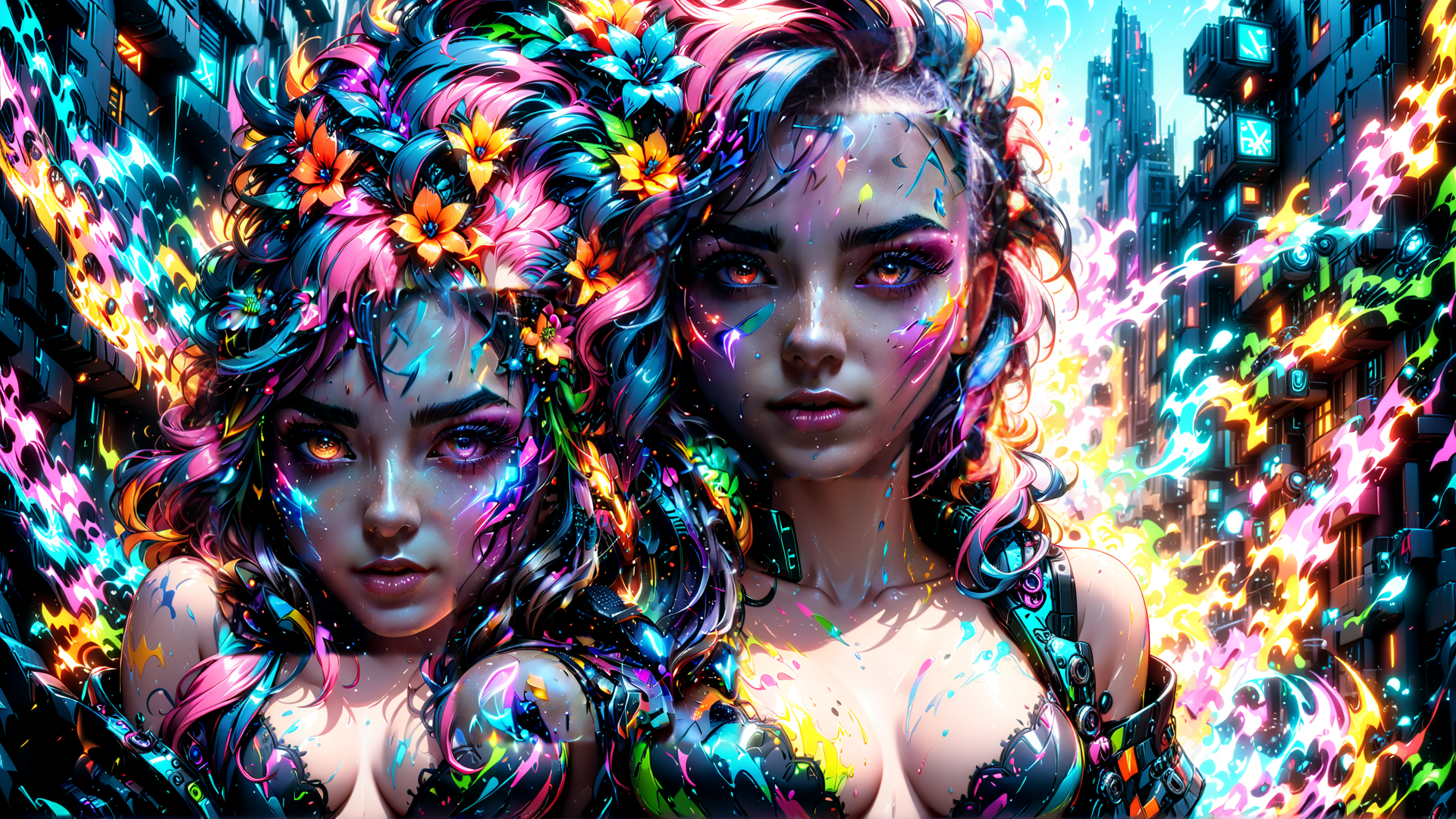 AI generated wallpaper featuring women, flowers, cyberpunk