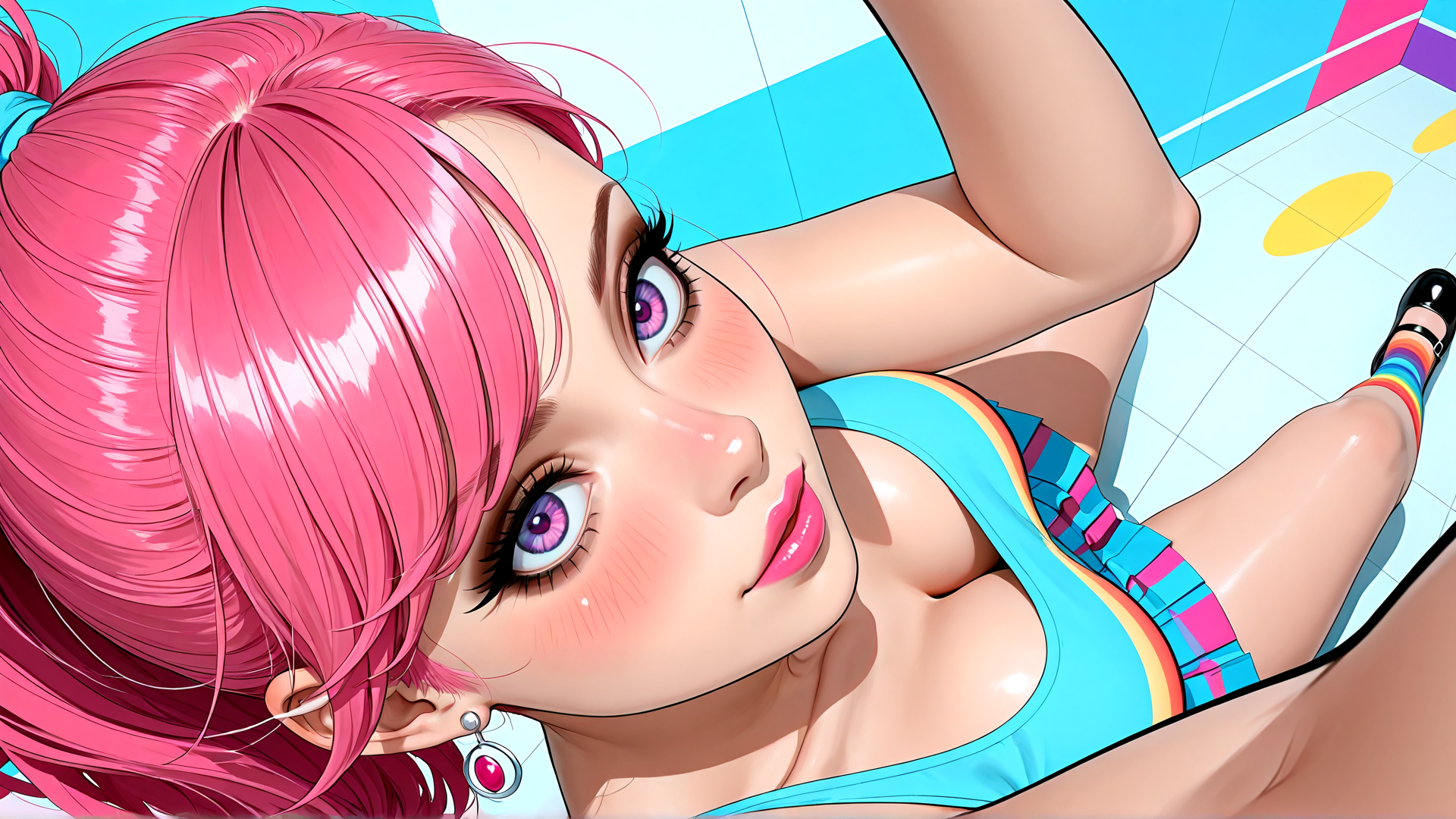 AI generated wallpaper featuring girl, swimmer, pink hair, high ponytail, earrings, rainbow