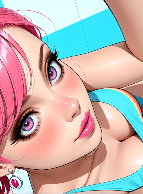 girl, swimmer, pink hair, high ponytail, earrings, rainbow