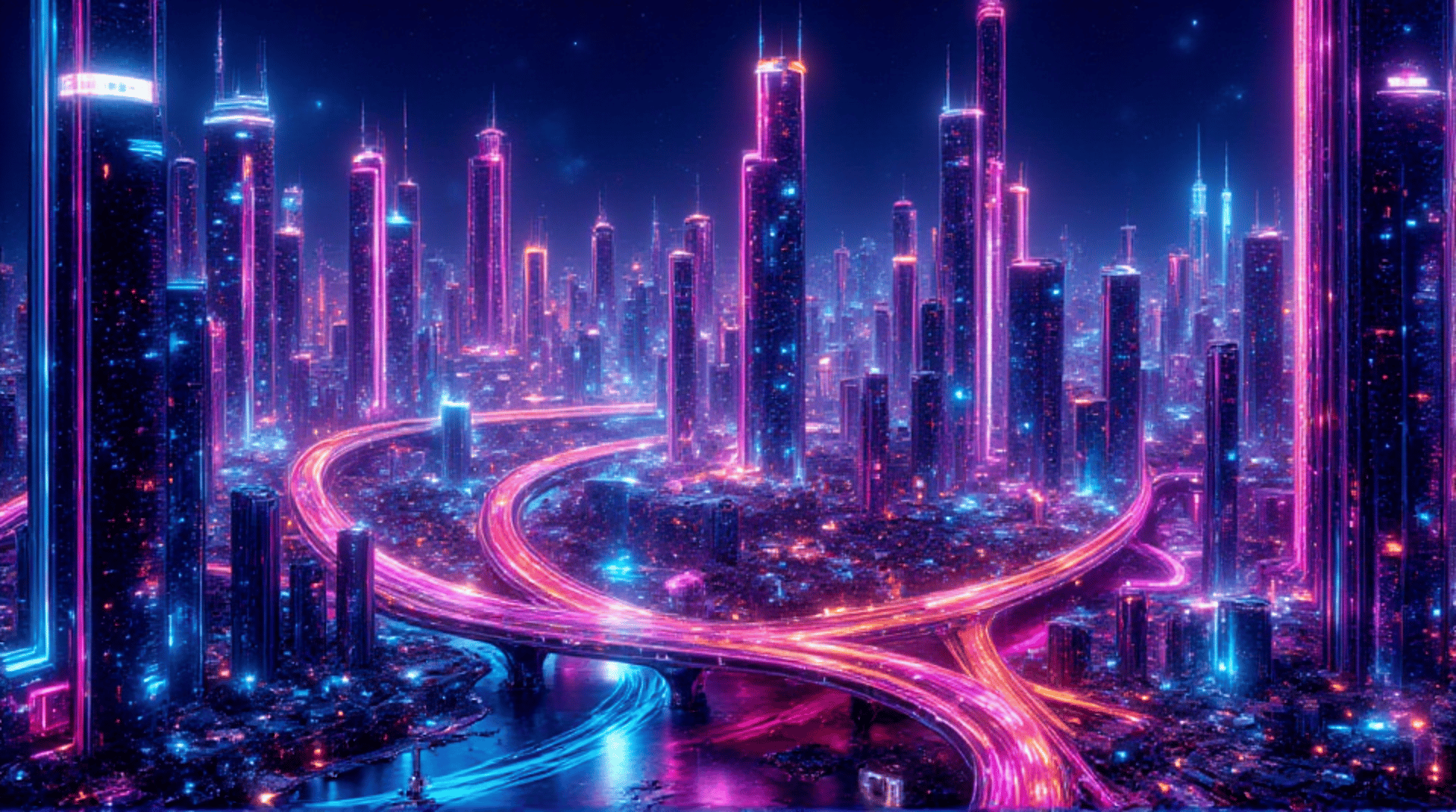 AI generated wallpaper featuring city, skyscrapers, highway, neon lights, buildings, urban, tower, bridge, night, river