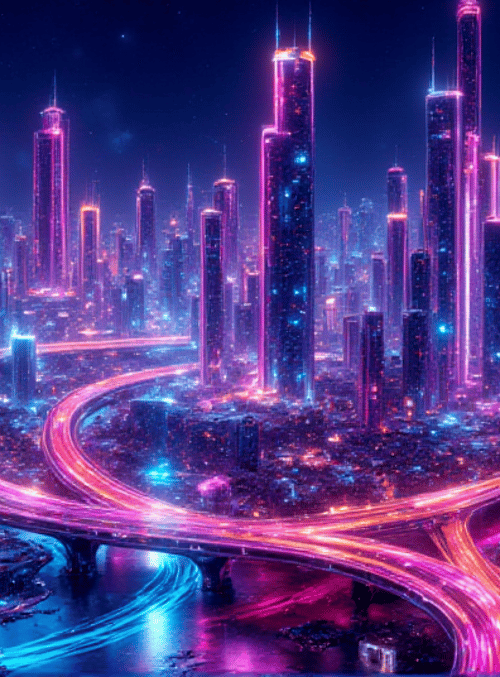 city, skyscrapers, highway, neon lights, buildings, urban, tower, bridge, night, river