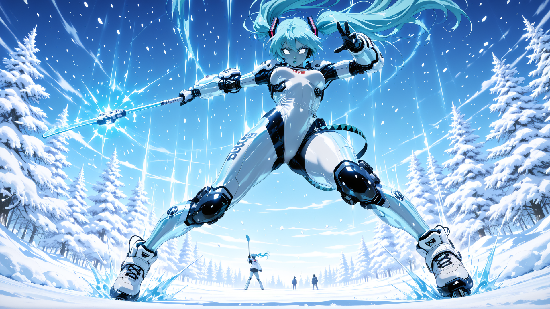 AI generated wallpaper featuring cyborg, snow, swordsman, trees, skis, frozen, ice, snowflakes, character, forest
