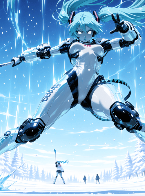 cyborg, snow, swordsman, trees, skis, frozen, ice, snowflakes, character, forest