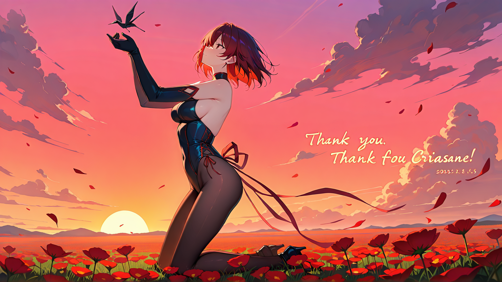 AI generated wallpaper featuring anime girl, bird, flowers