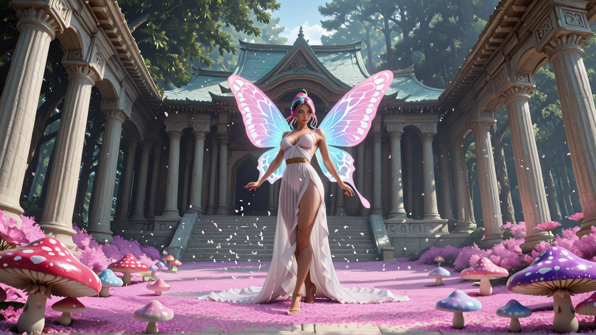 AI generated wallpaper featuring fairy, goddess, mushroom, temple, flower, column, wing, dress, petal, tree