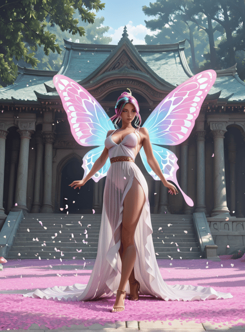 fairy, goddess, mushroom, temple, flower, column, wing, dress, petal, tree