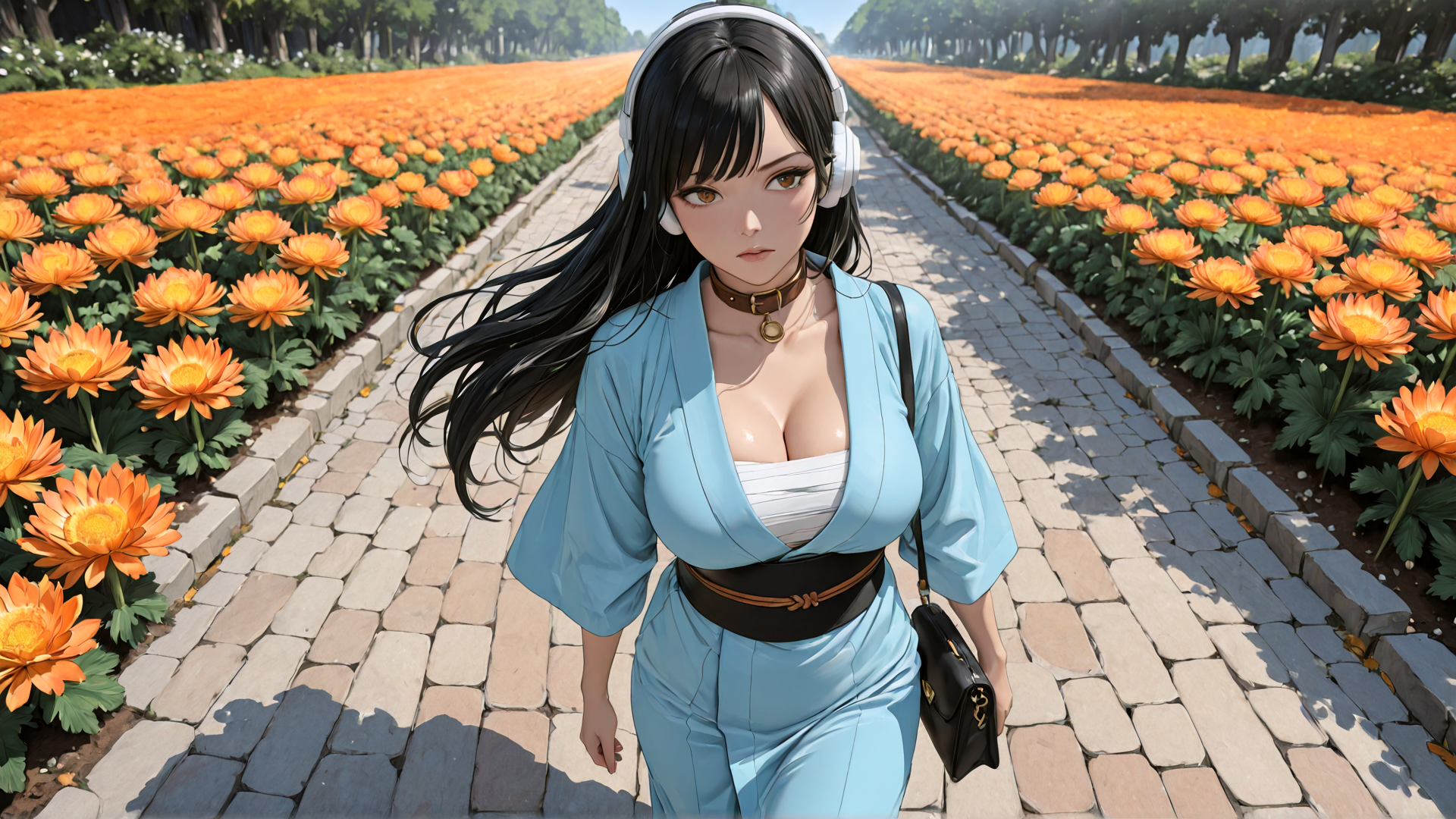 AI generated wallpaper featuring woman, flowers, pathway, headphones, handbag, trees