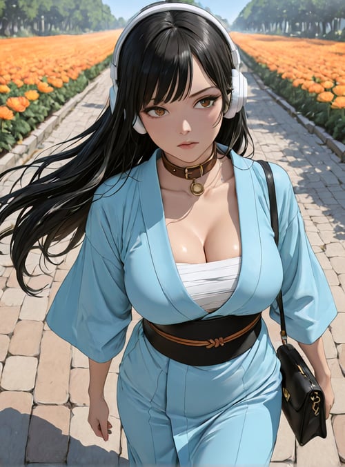 woman, flowers, pathway, headphones, handbag, trees