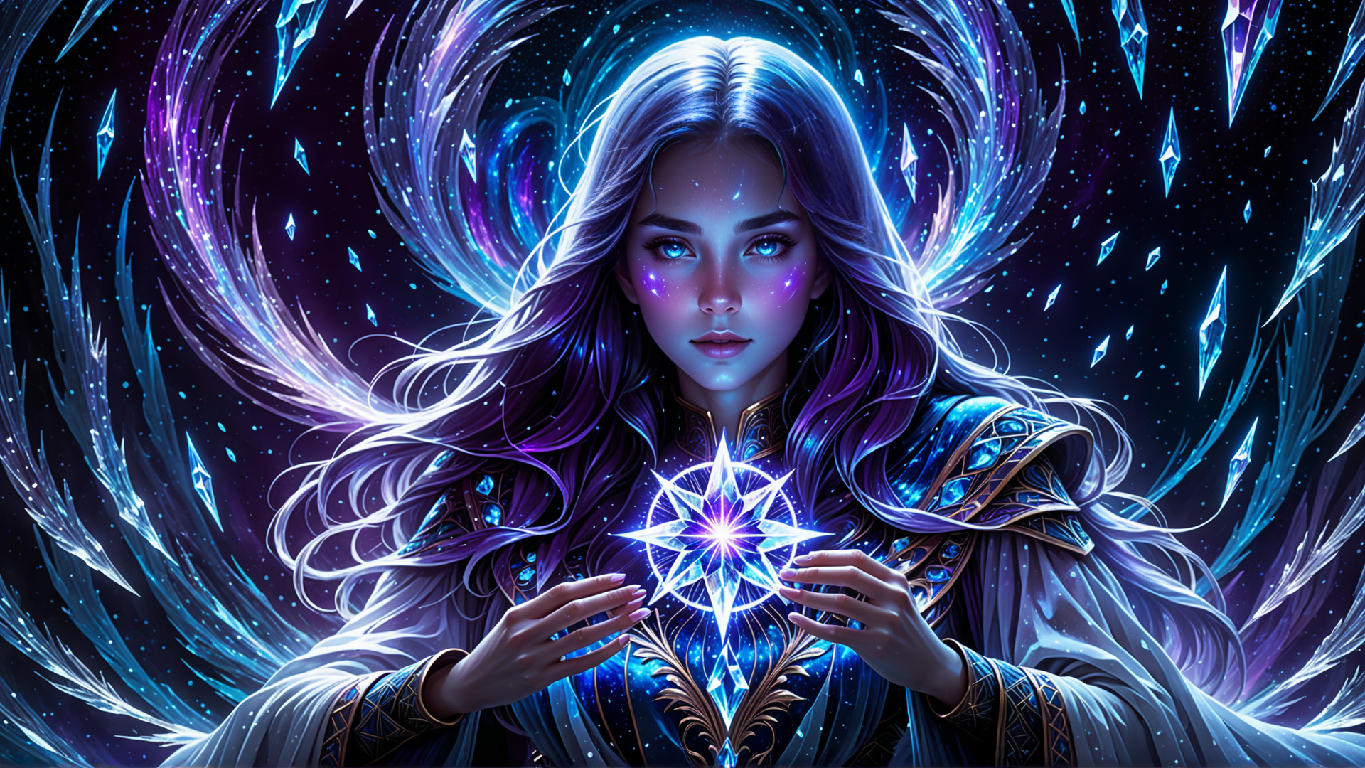 AI generated wallpaper featuring woman, crystal, star