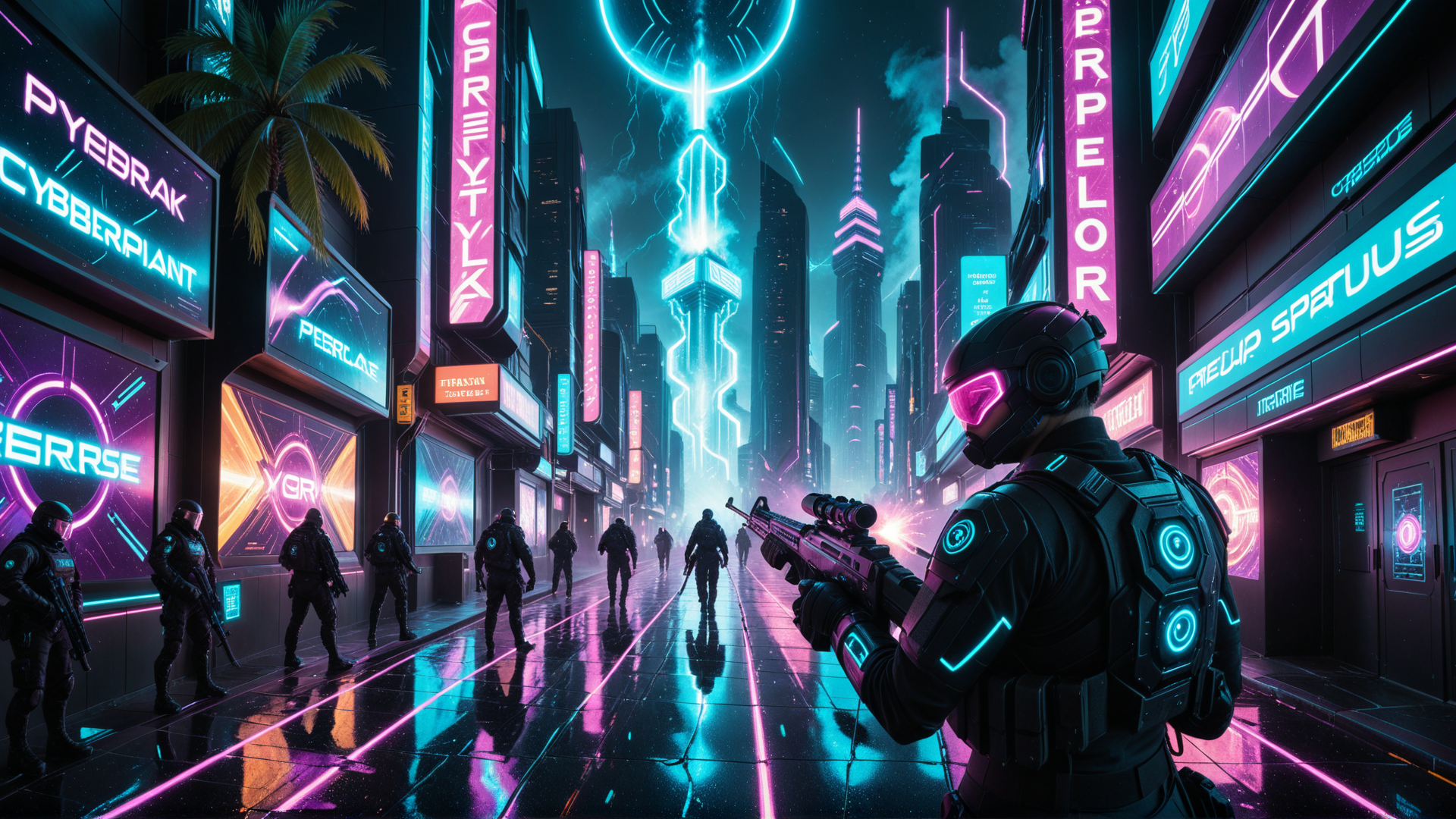 AI generated wallpaper featuring soldier, city, neon