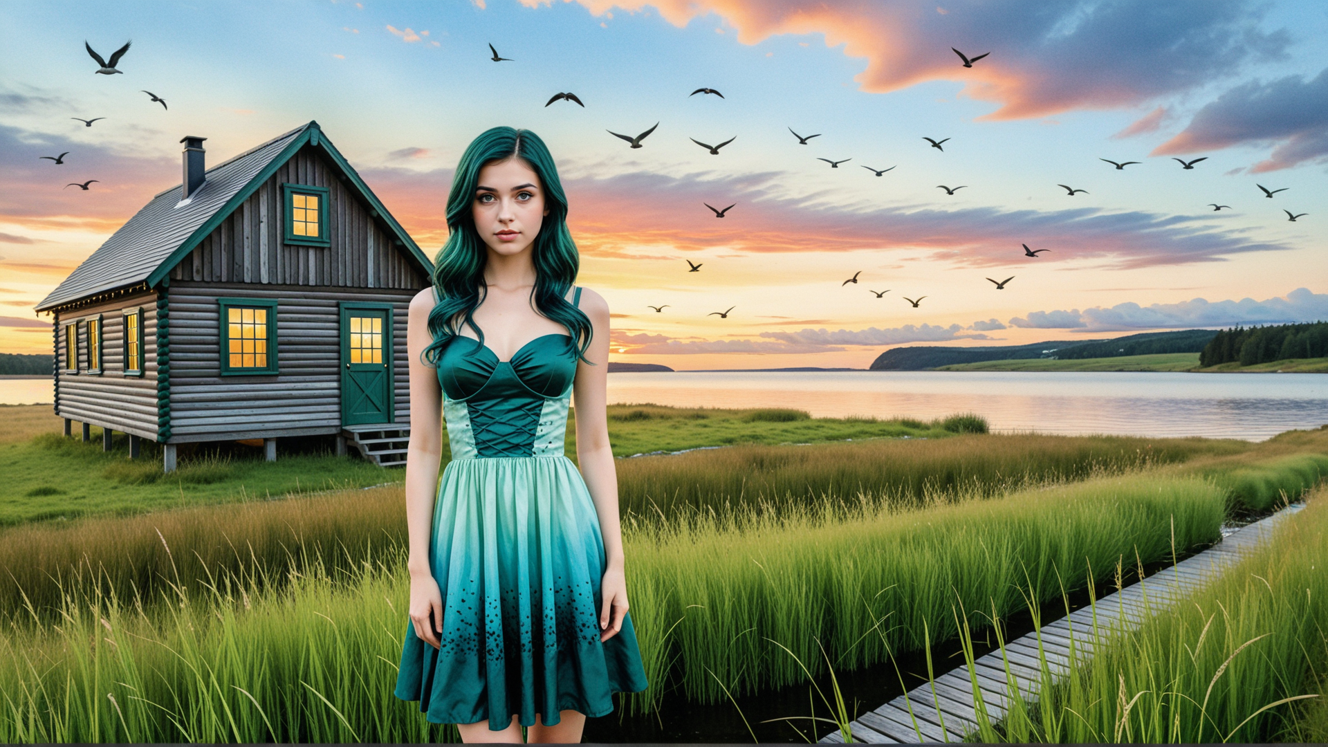 AI generated wallpaper featuring woman, log cabin, birds, lake, grass, pathway