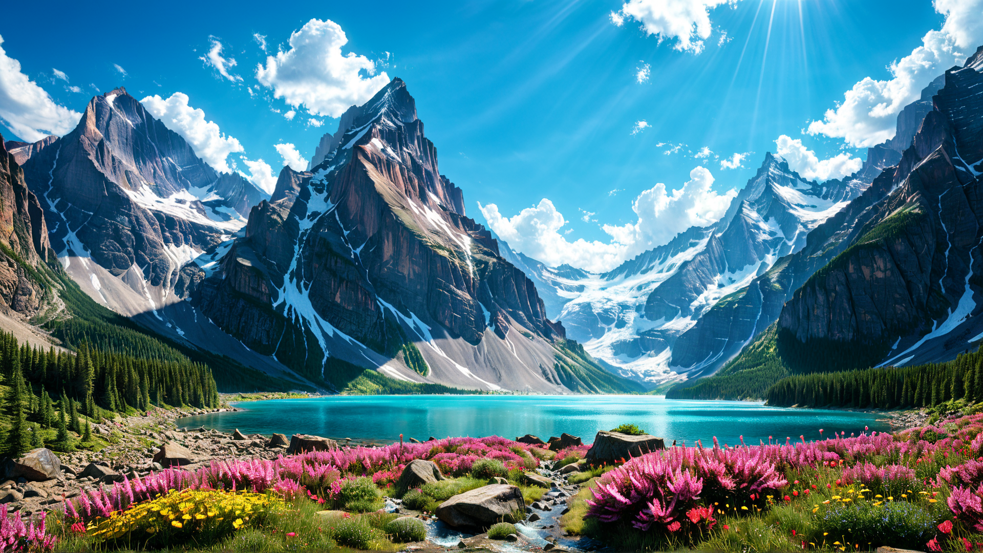 AI generated wallpaper featuring mountains, lake, flowers, glacier, forest