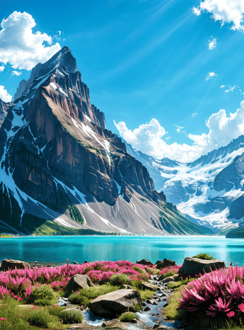 mountains, lake, flowers, glacier, forest