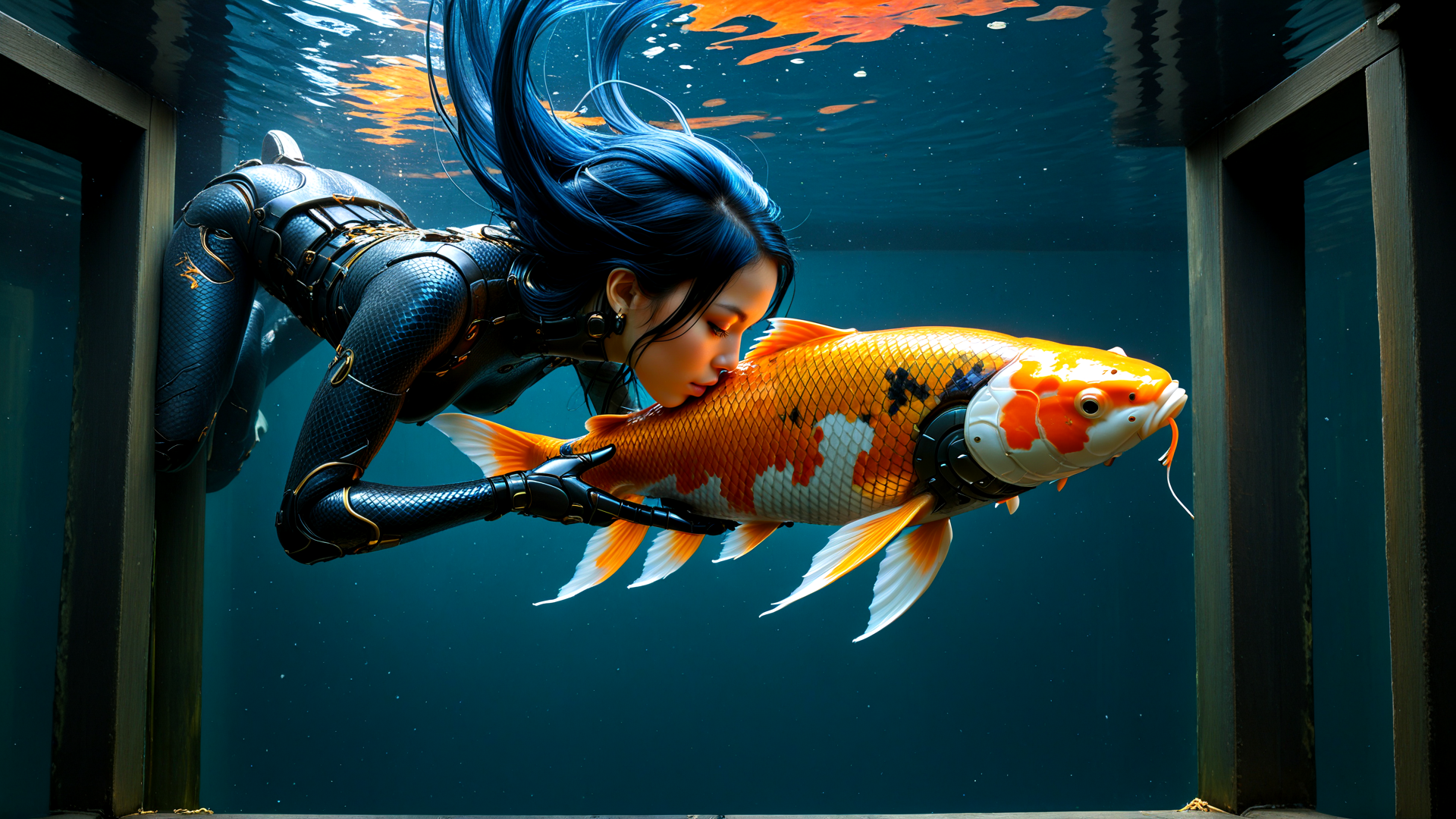 AI generated wallpaper featuring woman, koi fish, diver, aquarium, mechanical suit