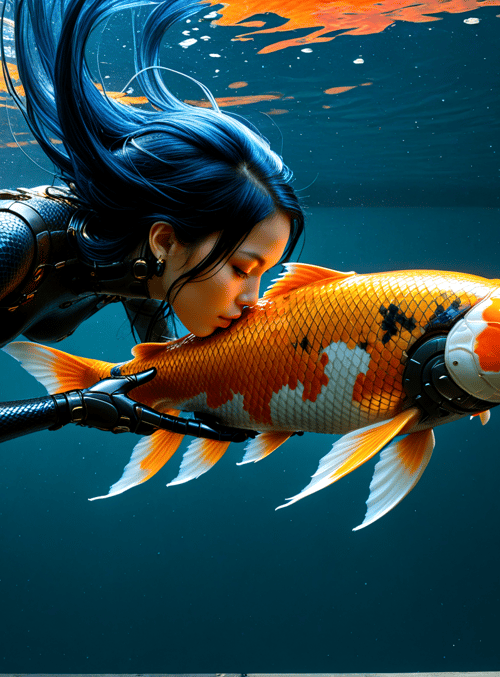woman, koi fish, diver, aquarium, mechanical suit