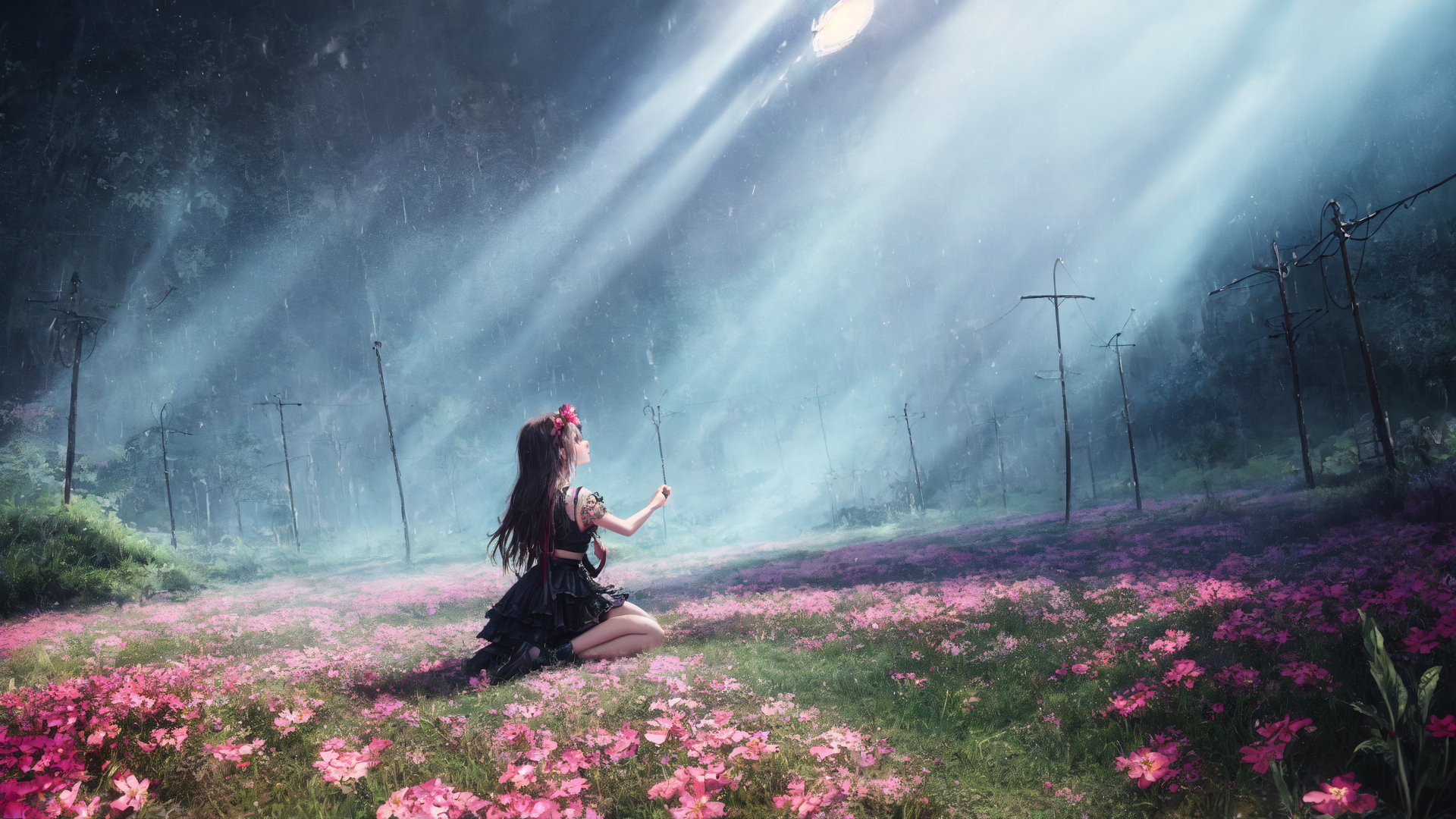 AI generated wallpaper featuring girl, flowers, light