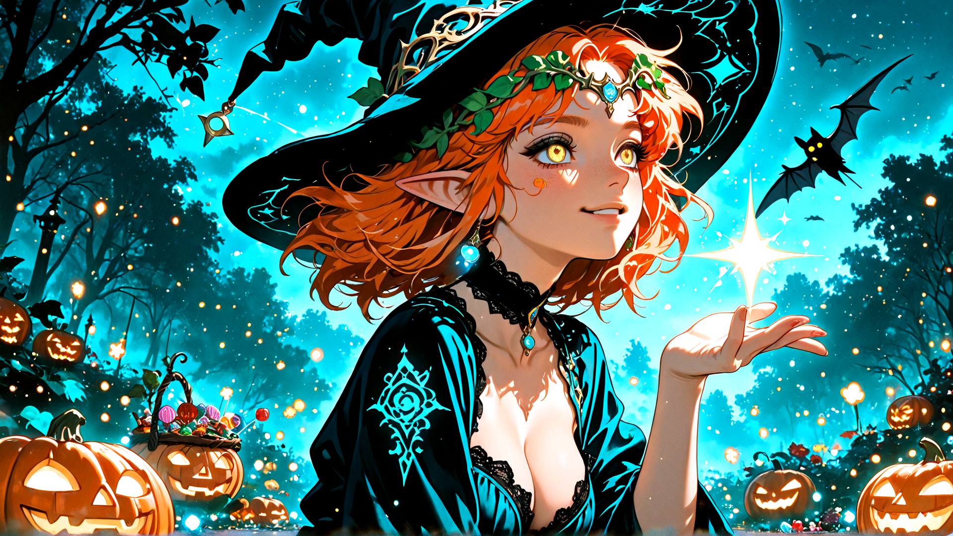 AI generated wallpaper featuring witch, pumpkin, bat, elf, garden, candy, firefly, lumia, halloween, magic