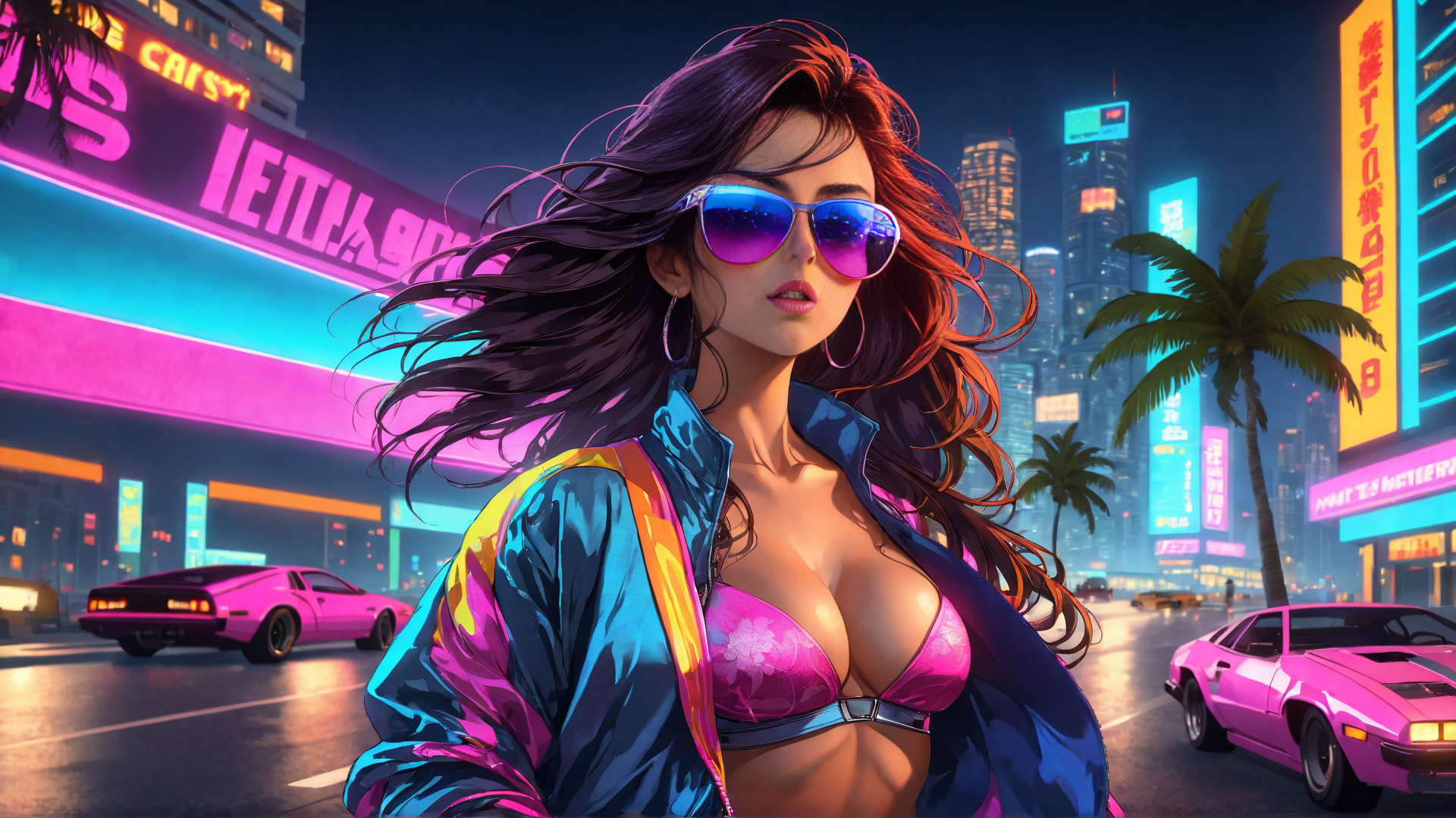 AI generated wallpaper featuring woman, city, cars