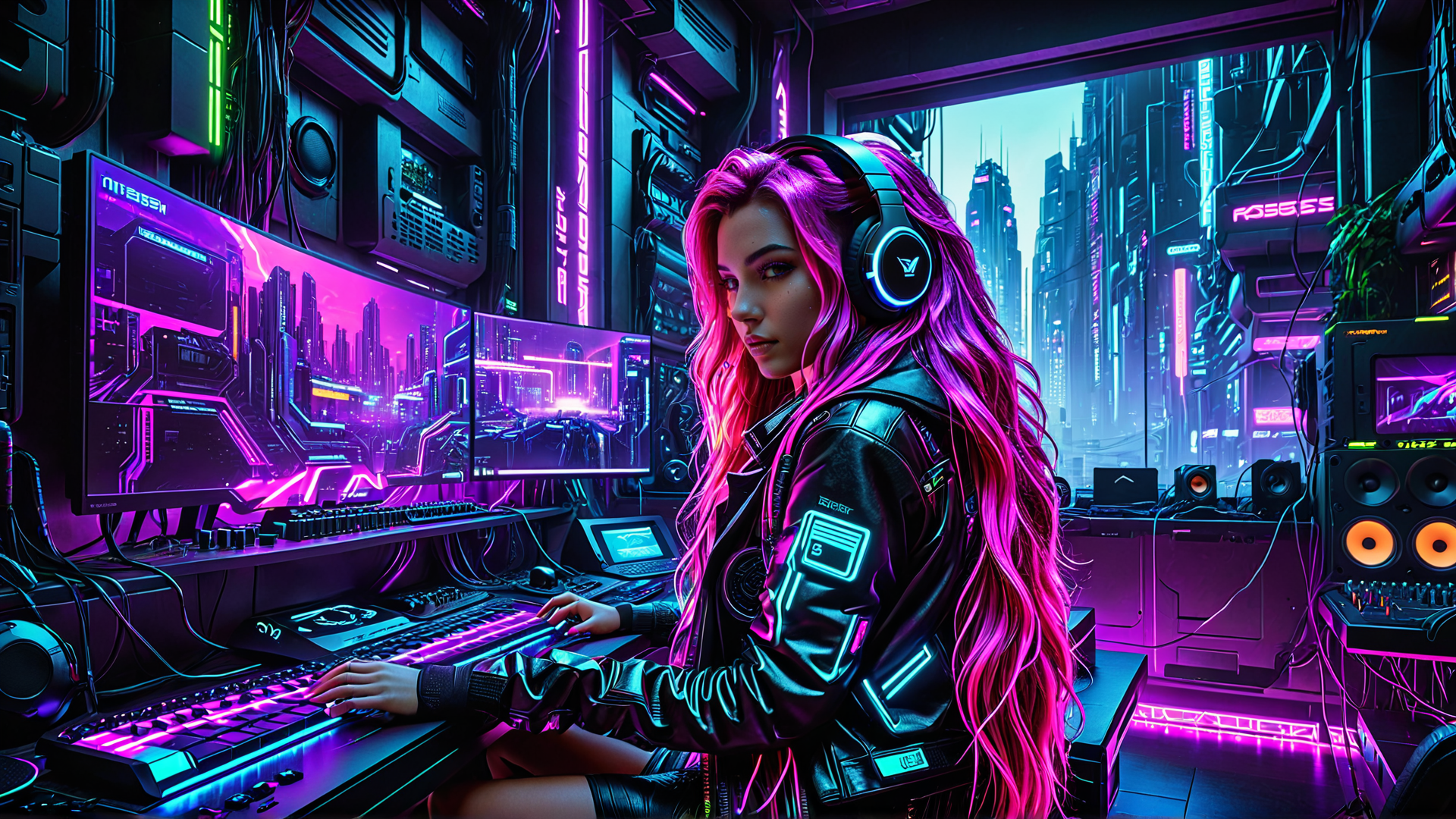 AI generated wallpaper featuring woman, gamer, cyberpunk