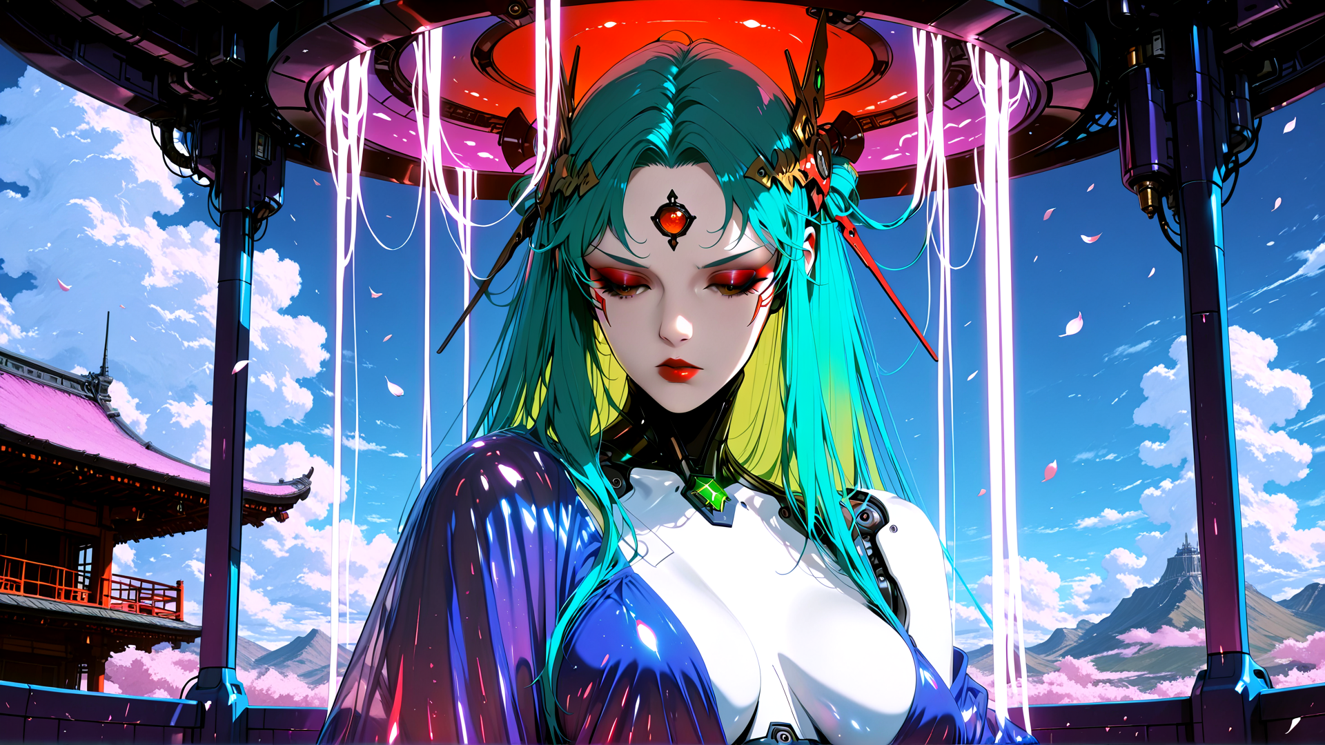 AI generated wallpaper featuring woman, cyborg, anime, goddess, futuristic, robot, character, digital, art, avatar