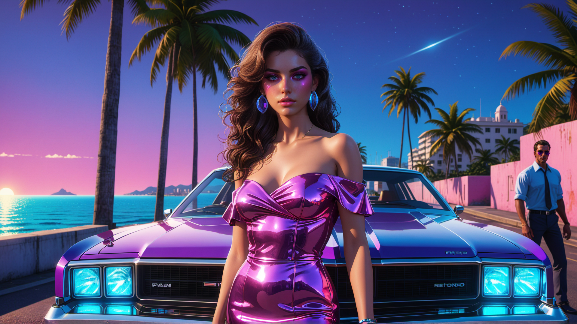 AI generated wallpaper featuring woman, car, palm tree